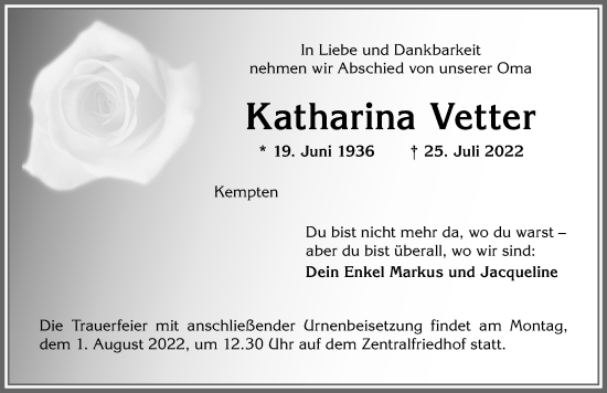 Traueranzeige von Katharina Vetter von Allgäuer Zeitung,Kempten