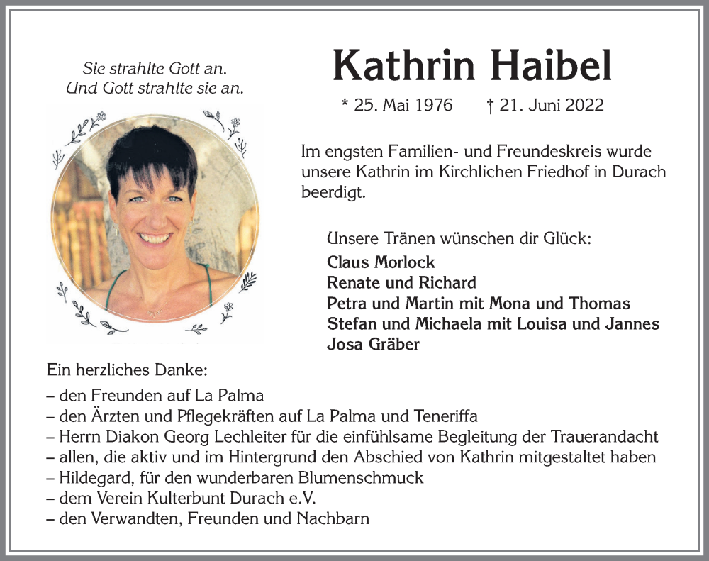  Traueranzeige für Kathrin Haibel vom 23.07.2022 aus Allgäuer Zeitung,Kempten