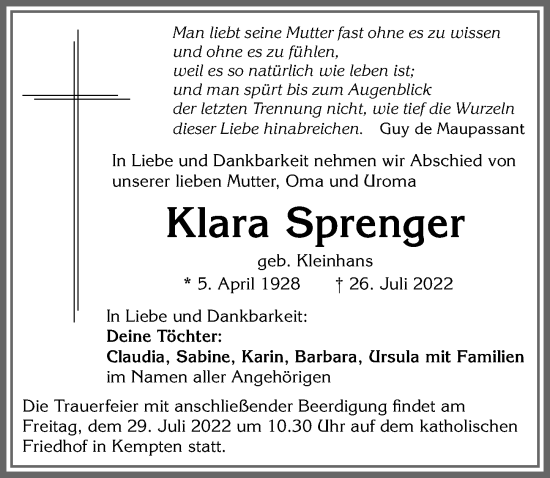 Traueranzeige von Klara Sprenger von Allgäuer Zeitung,Kempten