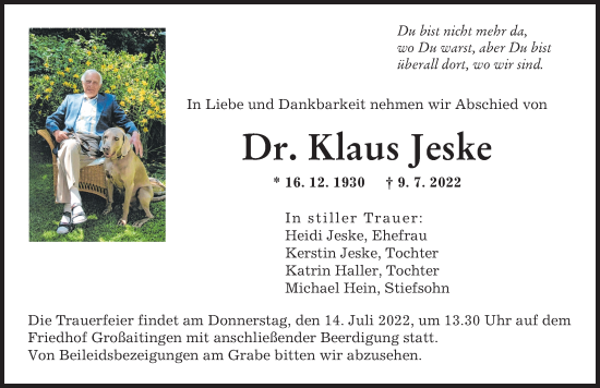Traueranzeige von Klaus Jeske von Augsburger Allgemeine