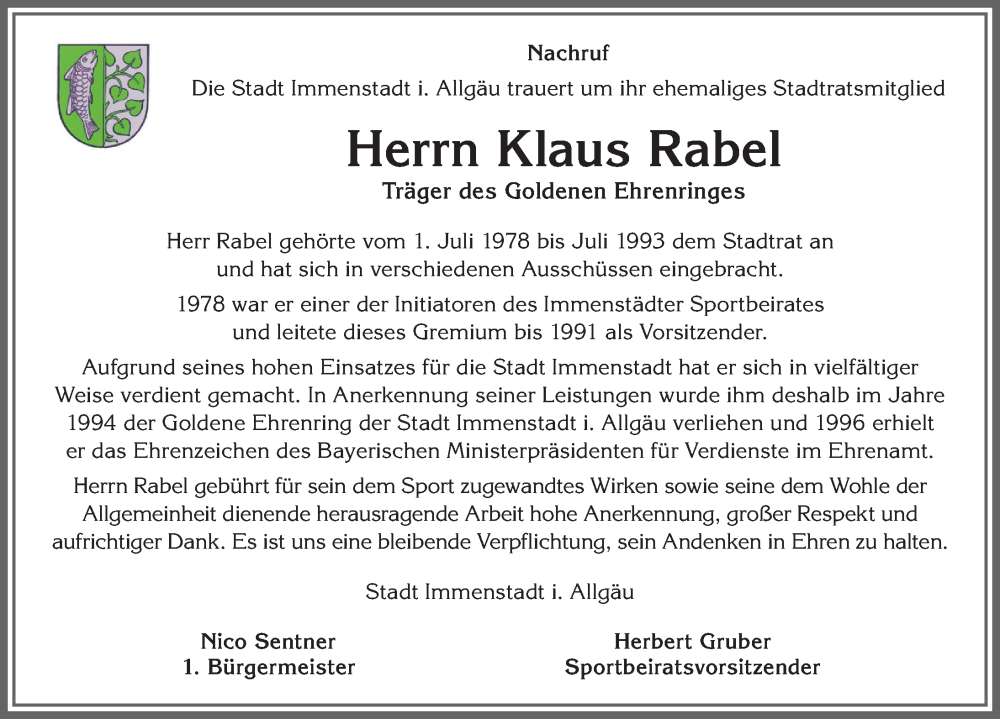  Traueranzeige für Klaus Rabel vom 02.07.2022 aus Allgäuer Anzeigeblatt