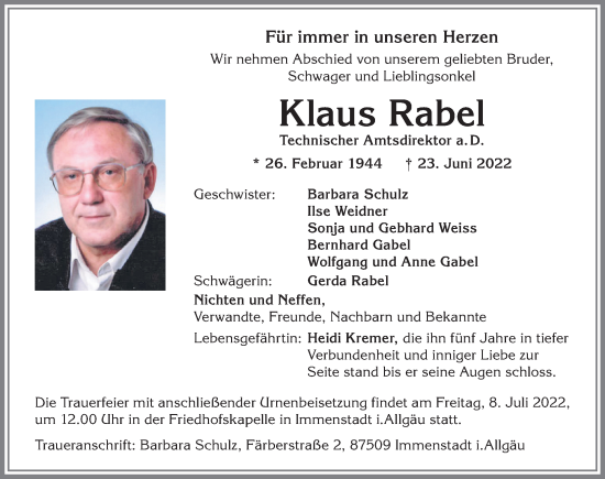 Traueranzeige von Klaus Rabel von Allgäuer Anzeigeblatt