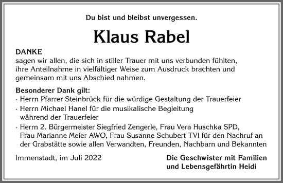Traueranzeige von Klaus Rabel von Allgäuer Anzeigeblatt