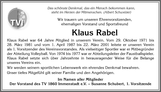 Traueranzeige von Klaus Rabel von Allgäuer Anzeigeblatt