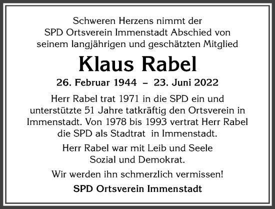 Traueranzeige von Klaus Rabel von Allgäuer Anzeigeblatt
