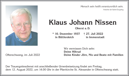 Traueranzeige von Klaus Johann Nissen von Allgäuer Anzeigeblatt