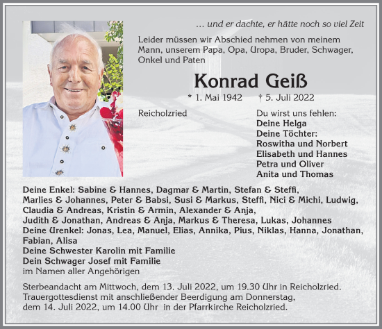 Traueranzeige von Konrad Geiß von Allgäuer Zeitung,Kempten
