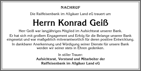 Traueranzeige von Konrad Geiß von Allgäuer Zeitung,Kempten