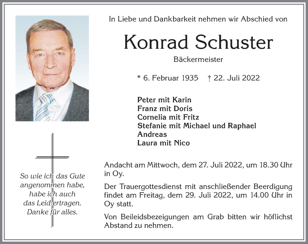  Traueranzeige für Konrad Schuster vom 26.07.2022 aus Allgäuer Zeitung,Kempten