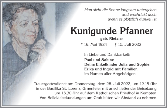 Traueranzeige von Kunigunde Pfanner von Allgäuer Zeitung,Kempten