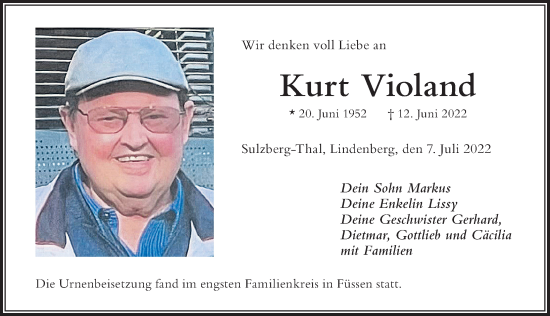 Traueranzeige von Kurt Violand von Der Westallgäuer