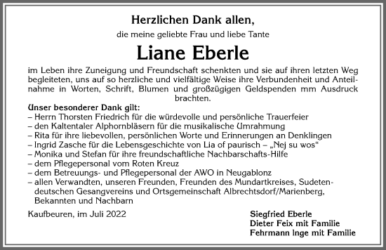 Traueranzeige von Liane Eberle von Allgäuer Zeitung, Kaufbeuren/Buchloe