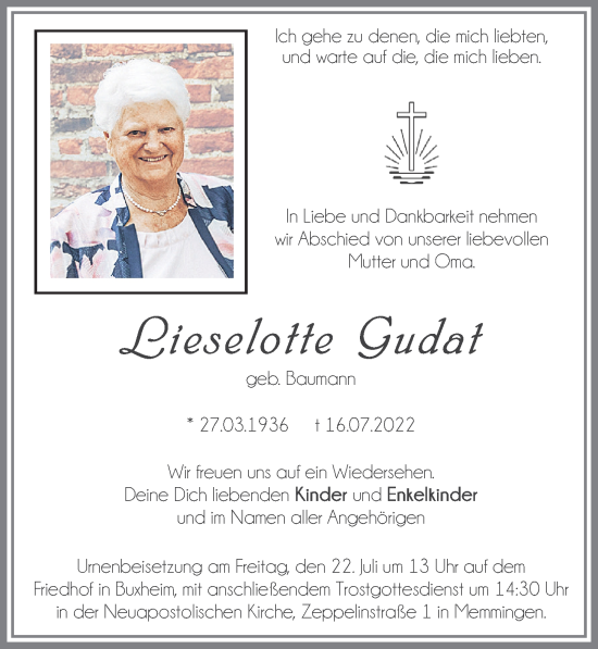 Traueranzeige von Lieselotte Gudat von Memminger Zeitung