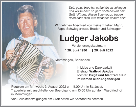Traueranzeige von Ludger Jakobs von Memminger Zeitung
