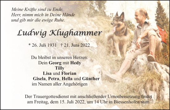 Traueranzeige von Ludwig Klughammer von Allgäuer Zeitung, Marktoberdorf