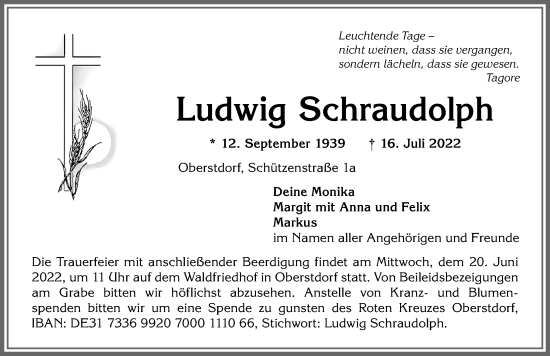 Traueranzeige von Ludwig Schraudolph von Allgäuer Anzeigeblatt