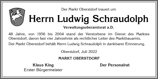 Traueranzeige von Ludwig Schraudolph von Allgäuer Anzeigeblatt