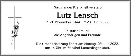 Traueranzeige von Lutz Lensch von Allgäuer Zeitung, Kaufbeuren/Buchloe