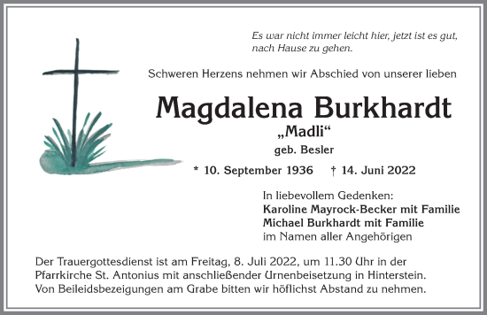 Traueranzeige von Magdalena Burkhardt von Allgäuer Anzeigeblatt