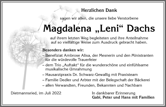 Traueranzeige von Magdalena Dachs von Allgäuer Zeitung,Kempten