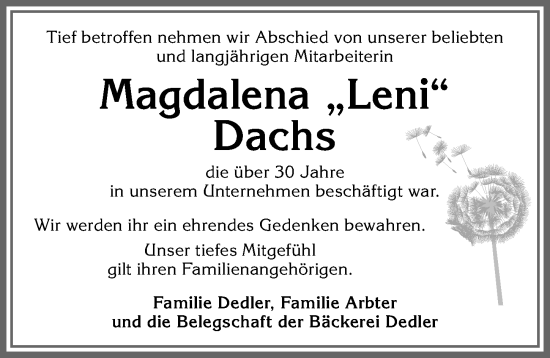 Traueranzeige von Magdalena Dachs von Allgäuer Zeitung,Kempten