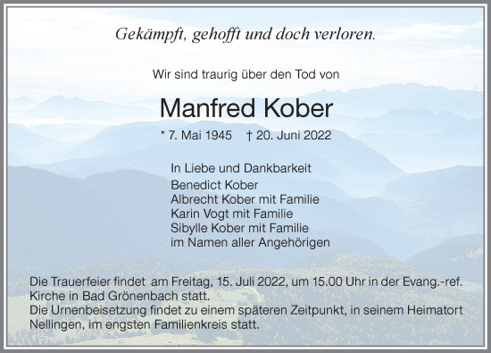 Traueranzeige von Manfred Kober von Memminger Zeitung