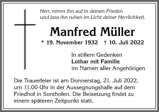 Traueranzeige von Manfred Müller von Allgäuer Anzeigeblatt