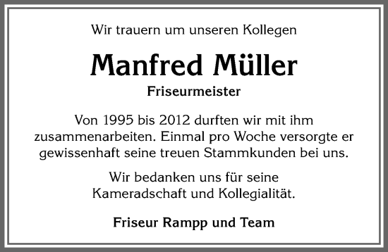 Traueranzeige von Manfred Müller von Allgäuer Anzeigeblatt