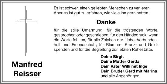 Traueranzeige von Manfred Reisser von Memminger Zeitung