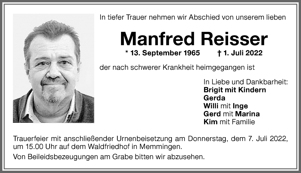  Traueranzeige für Manfred Reisser vom 05.07.2022 aus Memminger Zeitung
