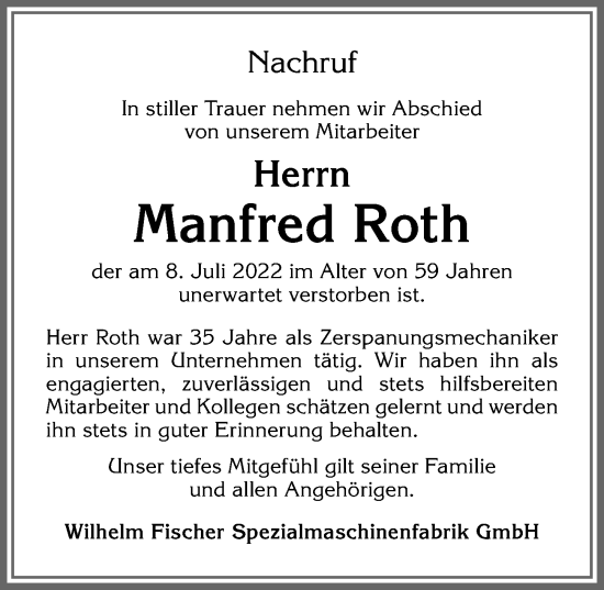 Traueranzeige von Manfred Roth von Allgäuer Zeitung,Kempten