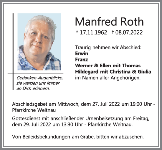Traueranzeige von Manfred Roth von Allgäuer Zeitung,Kempten