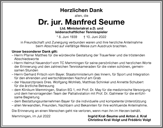 Traueranzeige von Manfred Seume von Memminger Zeitung