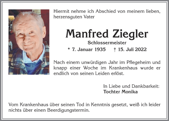 Traueranzeige von Manfred Ziegler von Allgäuer Zeitung,Kempten