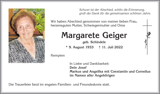 Traueranzeige von Margarete Geiger von Allgäuer Zeitung,Kempten