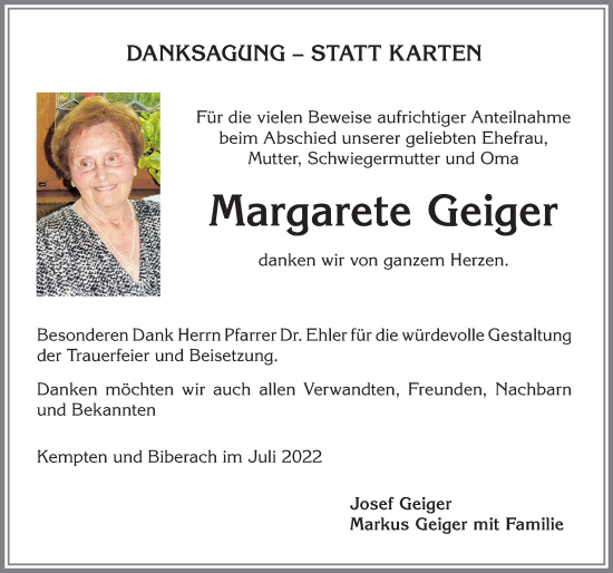 Traueranzeige von Margarete Geiger von Allgäuer Zeitung,Kempten