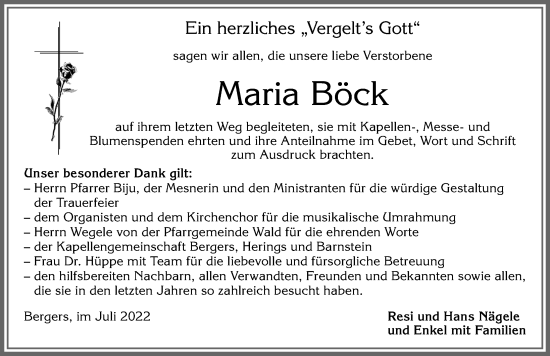 Traueranzeige von Maria Böck von Allgäuer Zeitung, Marktoberdorf