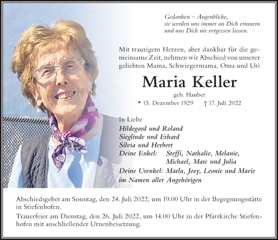 Traueranzeige von Maria Keller von Der Westallgäuer