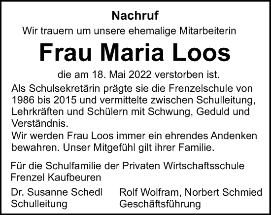 Traueranzeige von Maria Loos von Allgäuer Zeitung, Kaufbeuren/Buchloe
