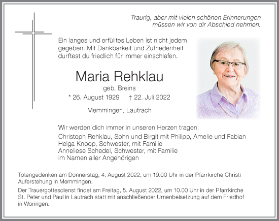 Traueranzeige von Maria Rehklau von Memminger Zeitung