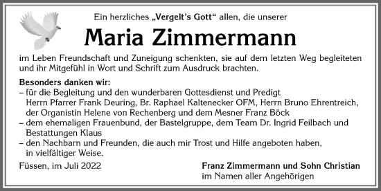 Traueranzeige von Maria Zimmermann von Allgäuer Zeitung, Füssen