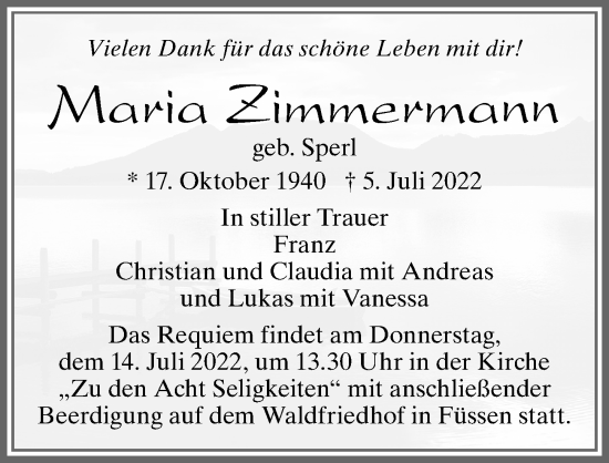 Traueranzeige von Maria Zimmermann von Allgäuer Zeitung, Füssen
