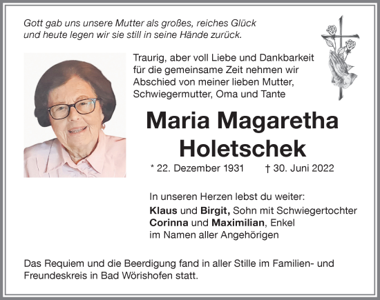 Traueranzeige von Maria Magaretha Holetschek von Mindelheimer Zeitung, Augsburger Allgemeine