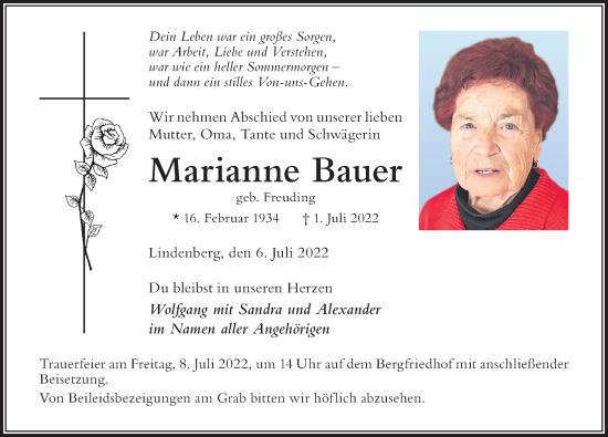 Traueranzeige von Marianne Bauer von Der Westallgäuer
