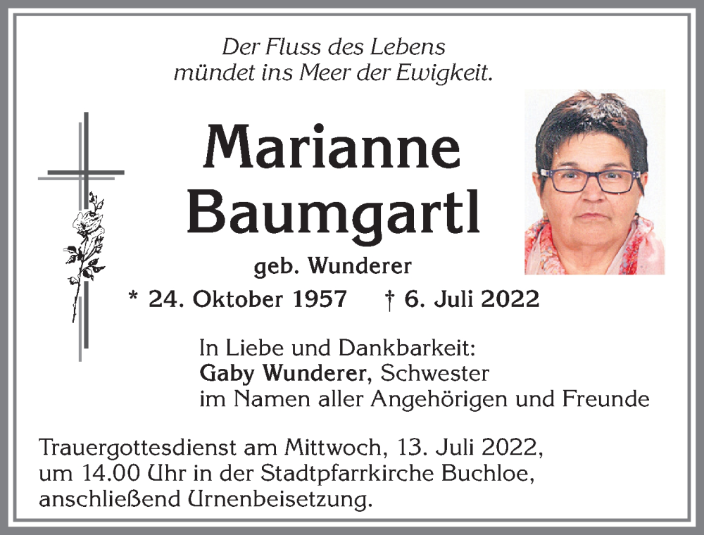  Traueranzeige für Marianne Baumgartl vom 09.07.2022 aus Allgäuer Zeitung, Kaufbeuren/Buchloe