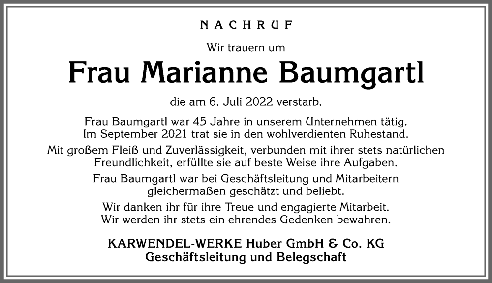  Traueranzeige für Marianne Baumgartl vom 13.07.2022 aus Allgäuer Zeitung, Kaufbeuren/Buchloe