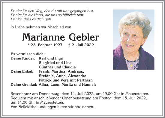 Traueranzeige von Marianne Gebler von Allgäuer Zeitung, Kaufbeuren/Buchloe