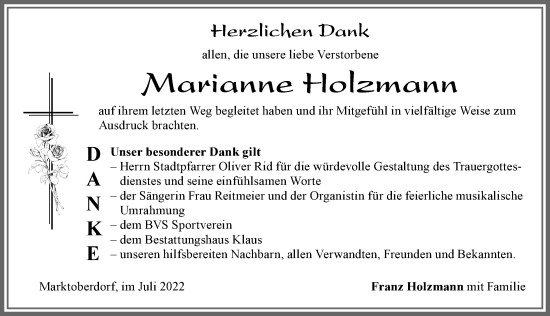 Traueranzeige von Marianne Holzmann von Allgäuer Zeitung, Marktoberdorf