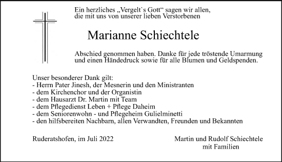 Traueranzeige von Marianne Schiechtele von Allgäuer Zeitung, Marktoberdorf