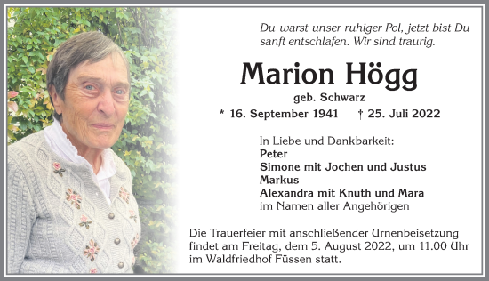Traueranzeige von Marion Högg von Allgäuer Zeitung, Füssen